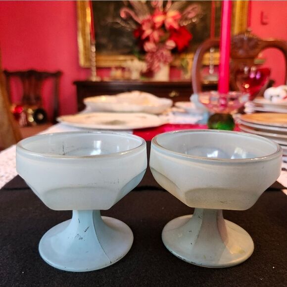 Vintage VG Set of 4 Frosted Depression Glass Compote Dishes 2 Aqua/2 Orange 3" - Picture 3 of 6